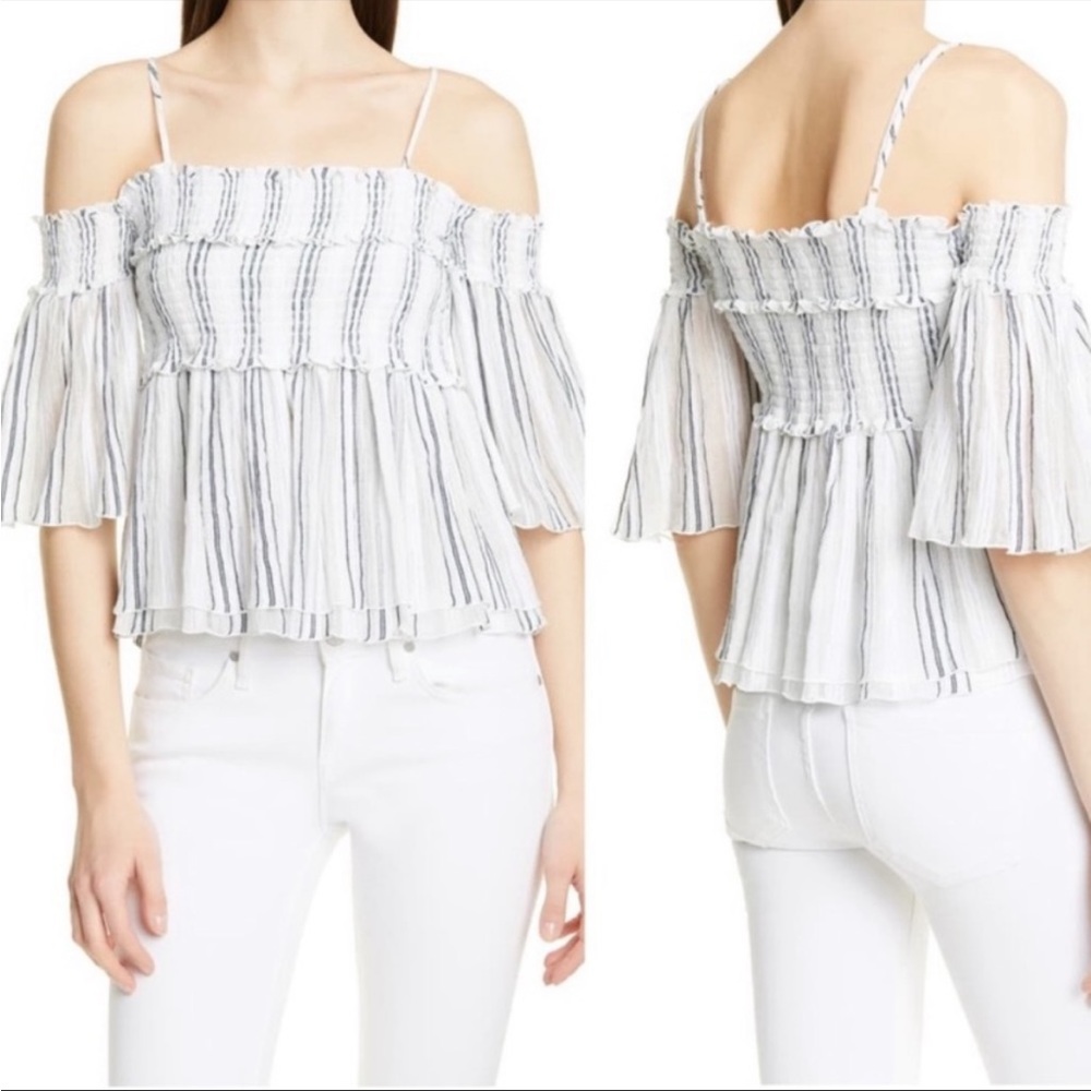 ATM Cold Shoulder Stripe Cotton Gauze Ruched Top